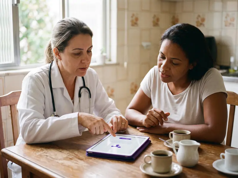 Enfermeira revisa o plano de cuidados em um tablet com a filha do paciente, na mesa da cozinha