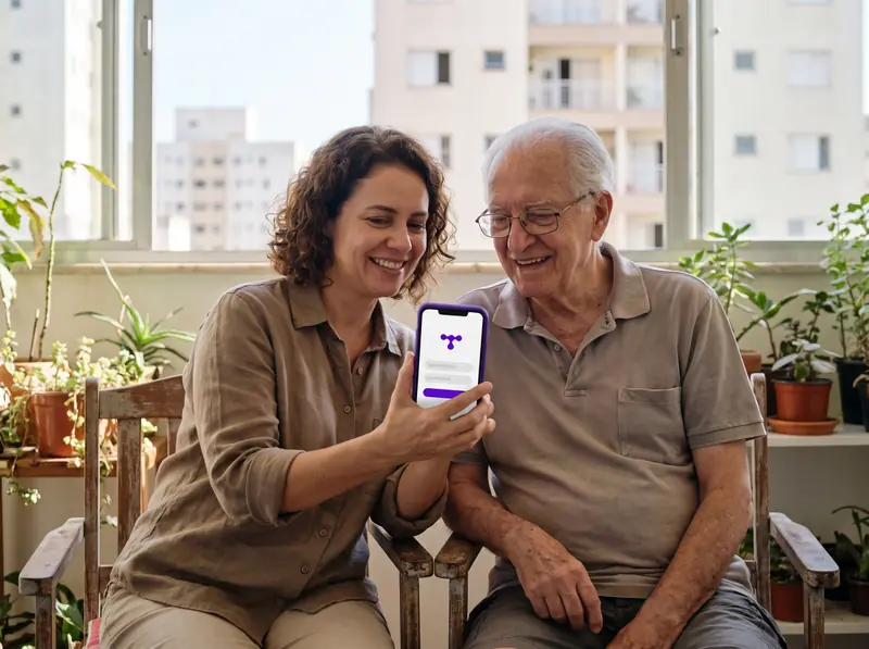 Mulher mostra o celular ao pai idoso na varanda de casa, os dois sorrindo